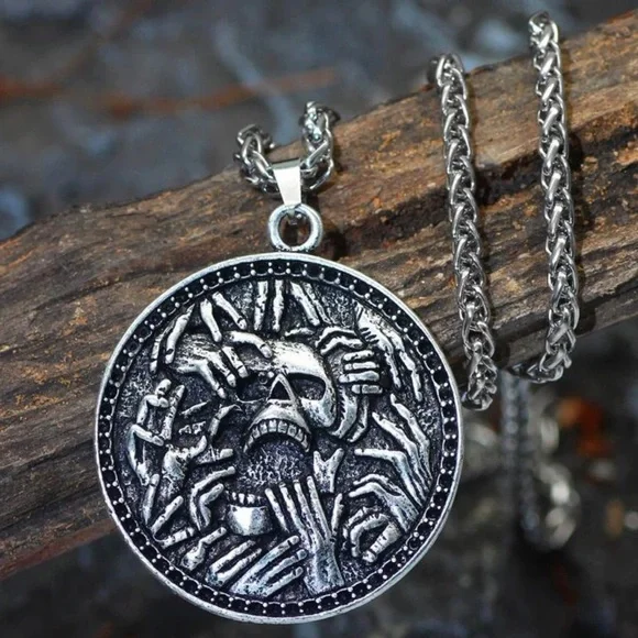 “Undead” Skull Skeleton Zombie Hands Creepy Spooky Medallion Goth Punk Necklace - Picture 1 of 5